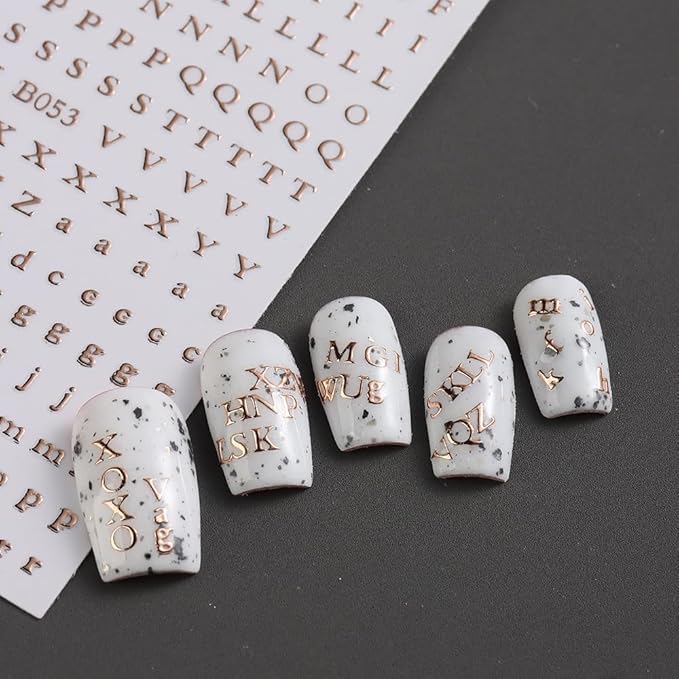 Letters Nail Art Stickers English Alphabet Nail Decals, 4 Sheets 3D Self-Adhesive Metallic Gold Silver Laser Rose Gold Alphabet Design Nail Art Supplies Manicure Decoration for Women Girls