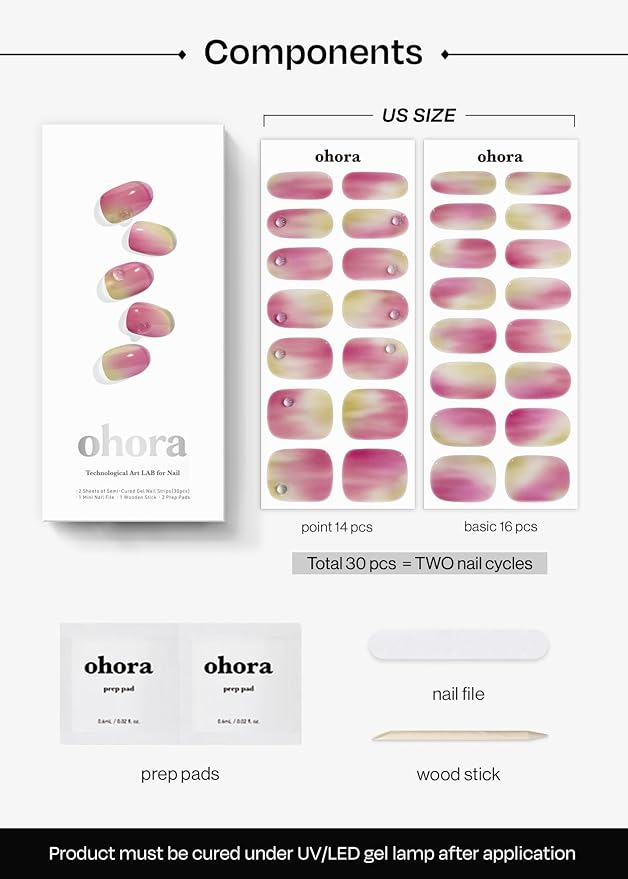 ohora Semi Cured Gel Nail Strips (N Juicy Grape) - Works with Any Nail Lamps, Salon-Quality, Long Lasting, Easy to Apply & Remove - Includes 2 Prep Pads, Nail File & Wooden Stick