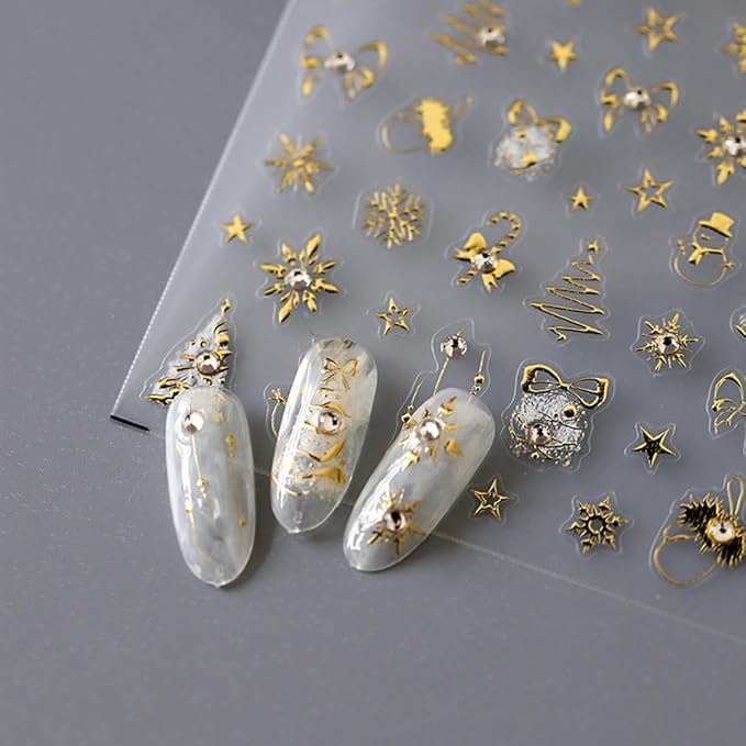 Christmas Nail Art Stickers - 5D Embossed Gold, Xmas Tree, Reindeer, Bow Star Design, Self-Adhesive Rhinestone Nail Supplies for Winter Holiday
