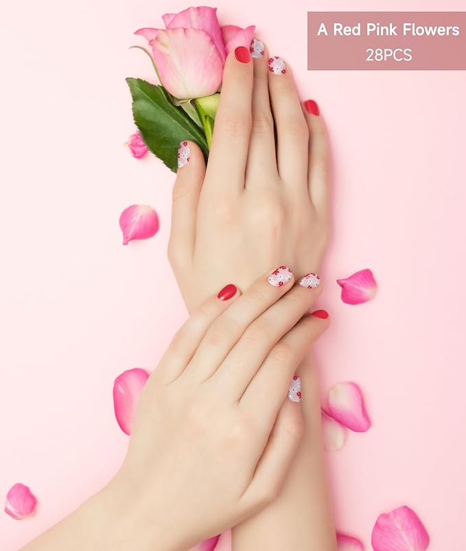 Semi Cured Gel Nail Strips (Red Pink Flowers), 28 pcs UV Gel Nail Stickers for Women Work with Any UV Lamps, Salon Quality Nails Wraps for Home DIY Nails Art