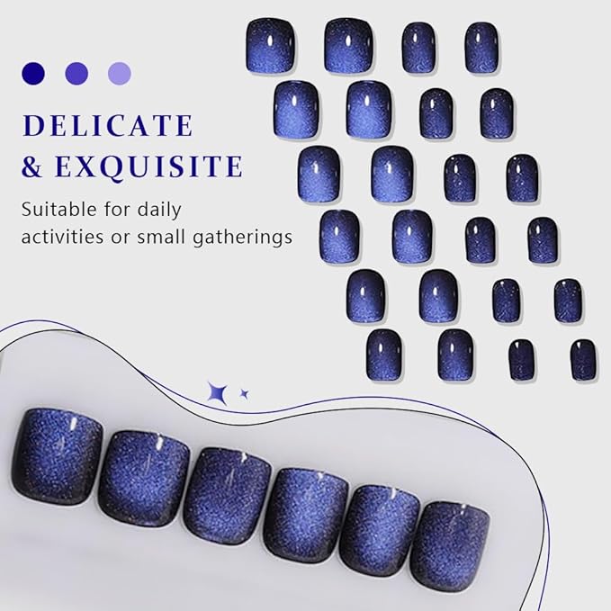 evpct Blue Cat Eye Extra Short Press on Nails Square, Petite Short Square Glue on Nails for Women Gift, Royal Blue Metallic Glitter Glossy Reusable Stick Gel Press on Acrylic Fake Nail with Designs