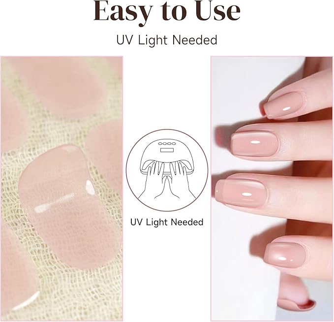 Semi Cured Gel Nails Strips - 28 pcs UV Gel Nail Stickers for Women Work with Any UV Lamp, Long Lasting Nail Wraps for Home DIY Nails Art (Jelly Rose)