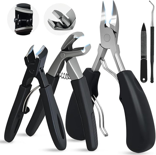 Heavy Duty Toenail Clippers for Seniors with Thick Toenails, Nail Clippers for Men & Women, Slanted Curved Blade with Angled Head, Wide Jaw Toenail Cutter with Catcher & Long Handle 5 Piece Set