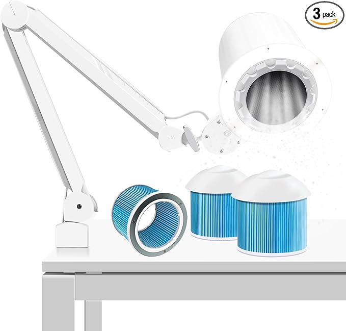 Professional Nail Dust Collector Pedicure, Overhead Manicure Vacuum Cleaner Extractor Table Mount Clamp for Salon Acrylic Nails, 80W Powerful Fan Suction Led Dimmable Lamp (3PCS Reusable Filters)
