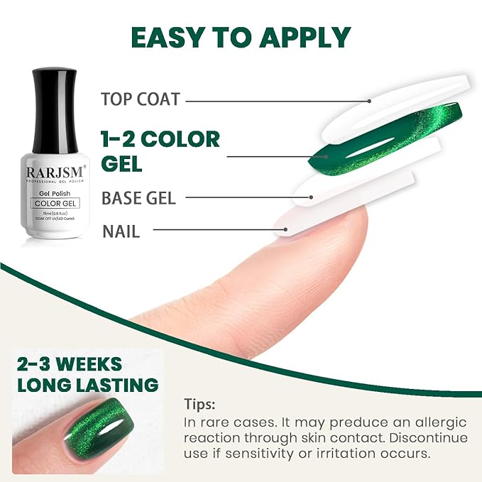 RARJSM Green Cat Eye Gel Nail Polish with Magnet Stick Diamond Emerald Green Velvet Cateye Gel Polish 15ml Single Bottle Sparkle Shimmer UV LED Curing Requires Soak Off Home Salon Christmas Manicure
