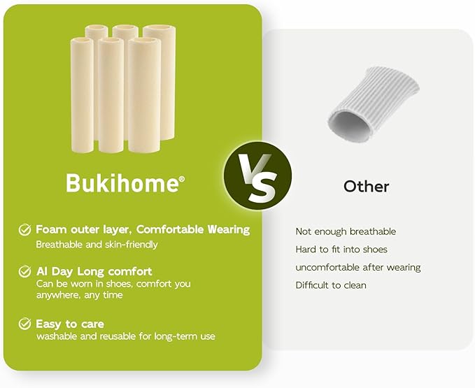 Bukihome Cuttable Toe Tubes Sleeves - Foam Toe Protectors for Corns, Calluses, Blisters - Fabric & Breathable Gel Lining Toe Sleeve Protectors Relief Toe Pressure Pain - 6 Count, White