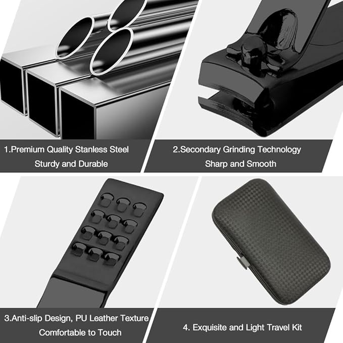 Christmas Stocking Stuffers Nail Clippers for Men Manicure Kit Nail Tweezers Professional Stainless Steel with Leather Travel Case for Boyfriend Husband College Dorm Essentials Tool Set 7 in 1 Black