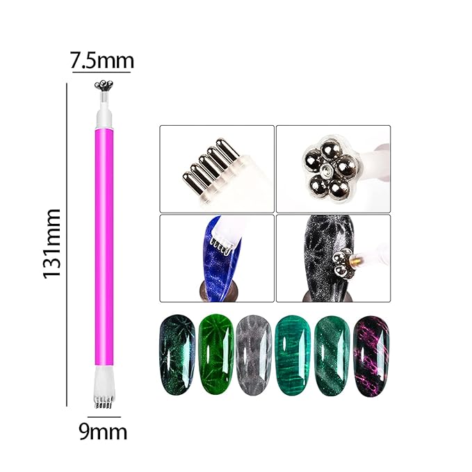 JERCLITY 5 Pieces Nail Magnet Stick Cat Eye Magnet Tool Double-Headed Flower Design Nail Art Magnet Pen Set Magnet Wand Strong Magnet Stick Dotting Pens for Home DIY, Salon, Studio