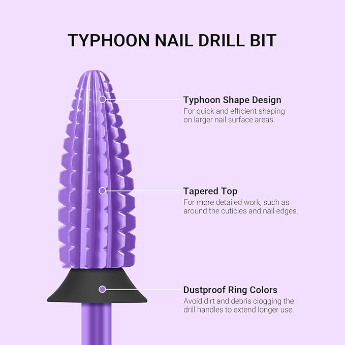 MelodySusie Typhoon Nail Drill Bits, 3/32'' Carbide Tungsten Multi-function Bits, Fast Remove Acrylic or Hard Gel for Manicure Pedicure Salon Professional or Beginner, Purple, XC