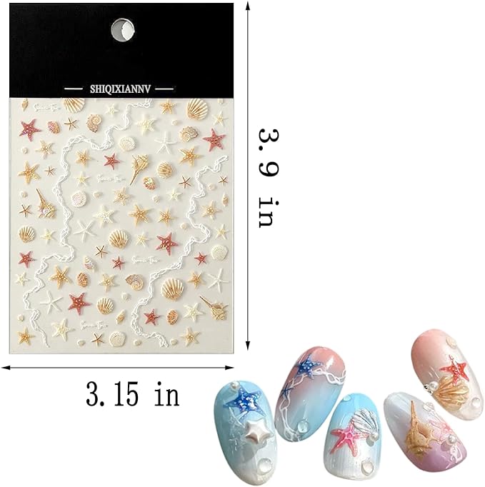 2 Sheet Summer Ocean Theme Nail Art Stickers Extra Shiny Shell Light 5D Shell Starfish for Nails Stickers Decals Gold Silver Star Jellyfish Self-Adhesive Design Nail Supplies for Women Manicure Decor
