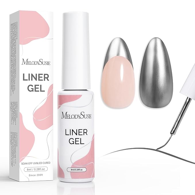 MelodySusie 8ML Silver Gel Liner Nail Art Polish Mirror Chrome 3D Effect,for Line and Patterns of Painting,French Nail Tips,DIY Manicure Pedicure for Home DIY Salon Use