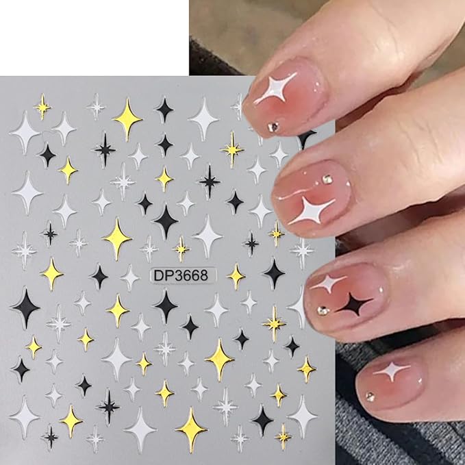 Nail Stickers for Nail Art - Gold, Silver, Black Star Heart Decals, 3D Self-Adhesive Five-Pointed Star Nail Art Supplies for Women DIY Acrylic Manicure Decoration - 6 Sheets
