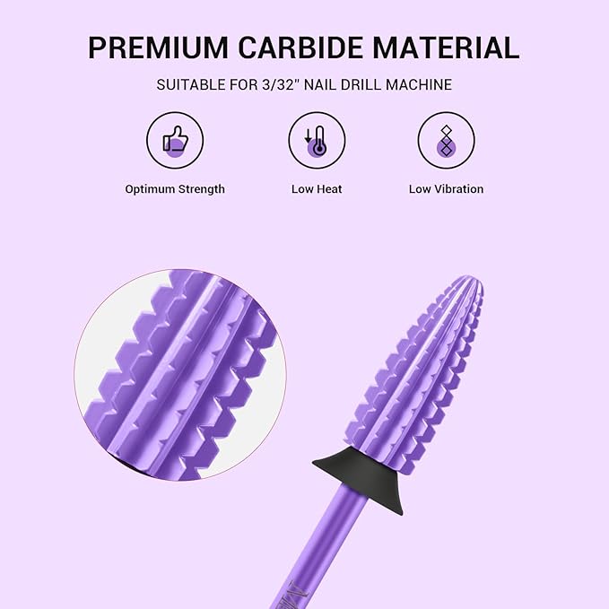 MelodySusie Typhoon Nail Drill Bits, 3/32'' Carbide Tungsten Multi-function Bits, Fast Remove Acrylic or Hard Gel for Manicure Pedicure Salon Professional or Beginner, Purple, XC