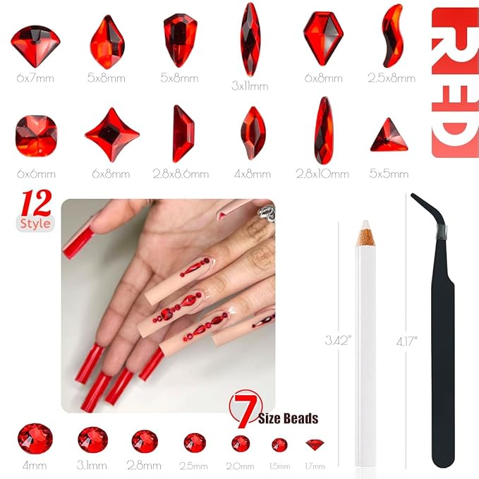 4080Pcs Red Nail Rhinestones Multi Shapes Ruby Rhinestones for Nails 1.5-4mm Crystal Gems Siam Red Round Flatback Beads Glass Stones Diamonds jewels Charms for Nails Face Eyes Makeup DIY Crafts