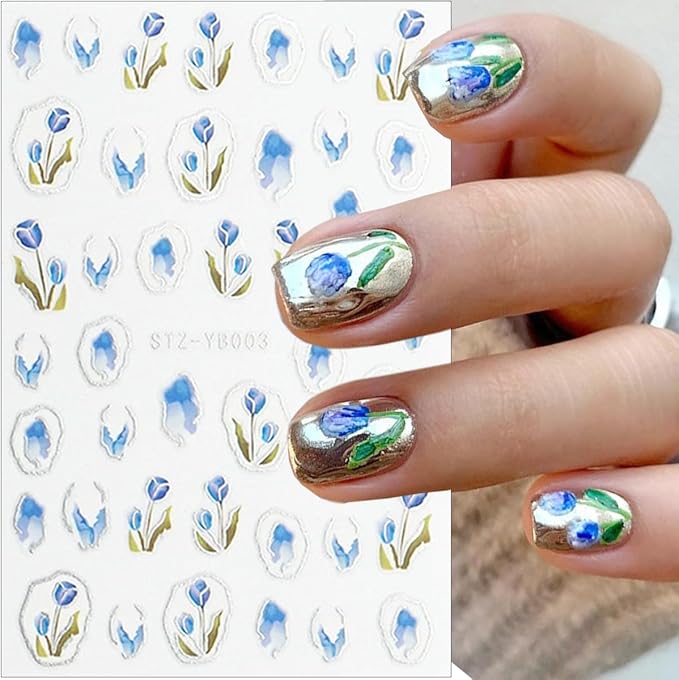 6Sheets Spring French Nail Stickers 3D Self Adhesive Flower Nail Decals Elegant Tulip Flower Bow Nails Art Stickers Blue Hibiscus Floral Nails Art Design Supplies for Women Girls DIY French Manicure
