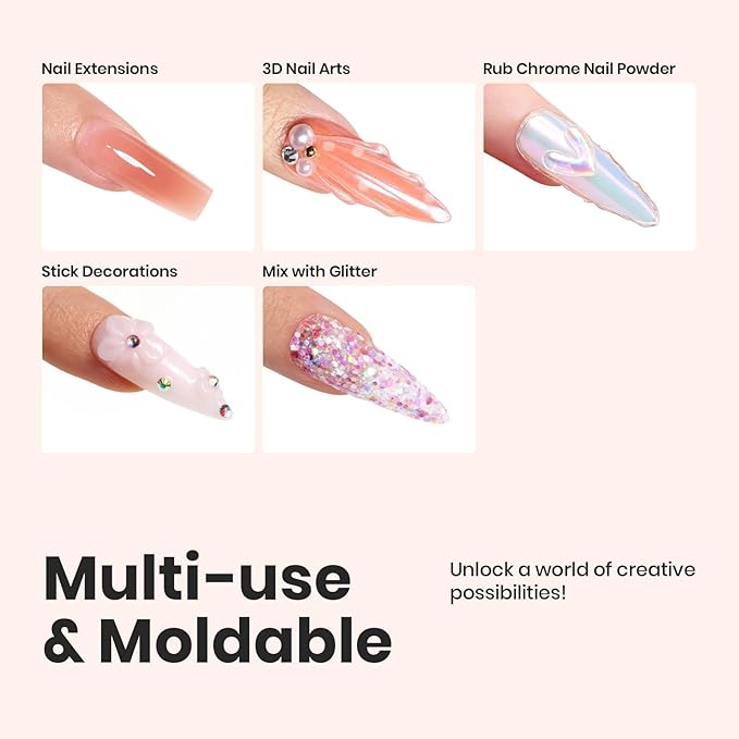 Beetles Solid Builder Gel for Nails,4 Colors Clear Pink White 3D Sculpting Gel Non-Sticky Hand Carving Nail Glue for 3D Nail Art with 3D Mold Chrome Powder Tools Salon DIY at Home,UV&LED Needed