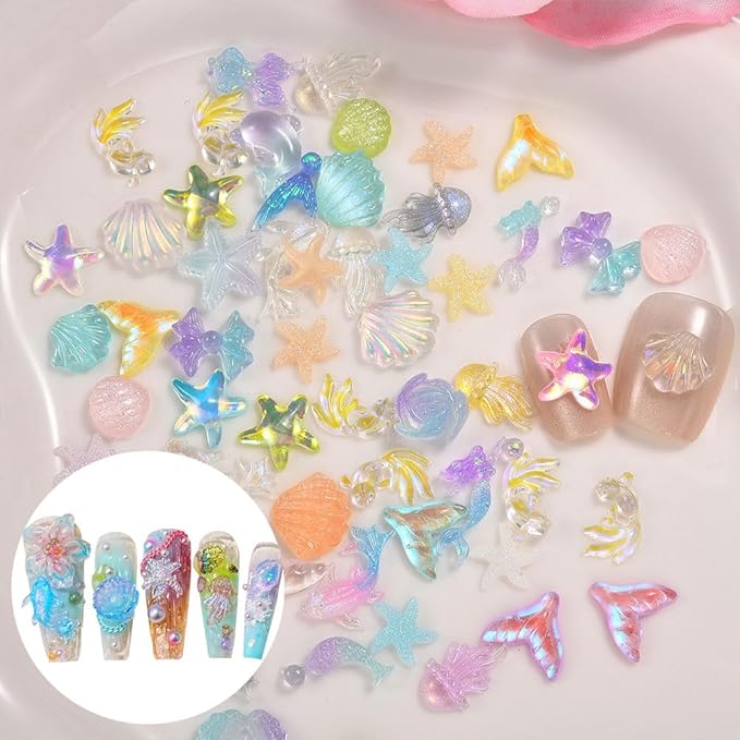 150PCS Beach Nails Charms, Summer Ocean Series 3D Resin Nail Rhinestone Mixed Sea Shell Starfish Dolphin Fishtail Nail Gem for Women Girls Manicure DIY Crafts Accessories