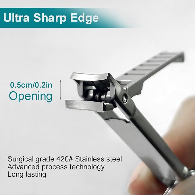 Nail Clippers for Natural Finger Nails Ultra Thin Mini Travel Portable Folding Wide Jaw Cutter with Glass Nail File Curved Trimmer for Fingernail Toenail, with Keychain(X021DB-S)