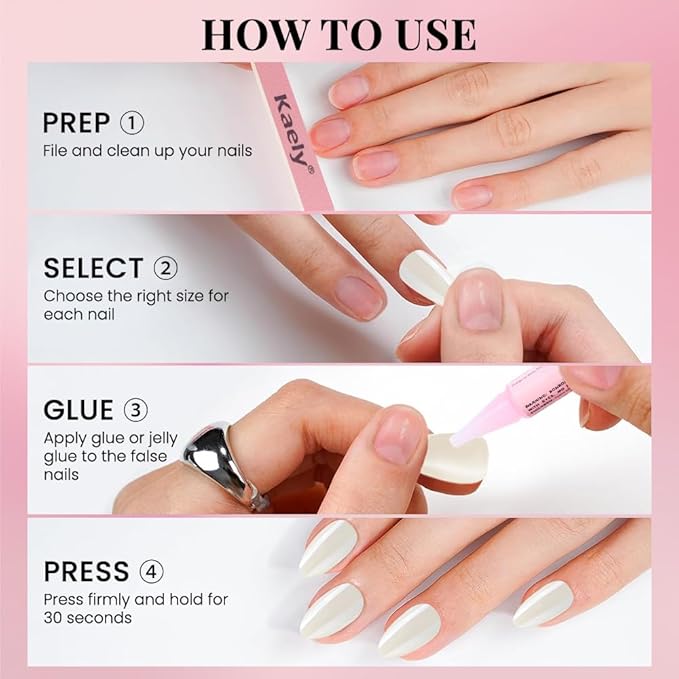 Press on Nails Short Almond - White Chrome Glazed Glossy Press on Nail Tips Glue On Nails with Nail Glue for Gift, Reusable Stick On Nails in 15 Sizes - 30 Full Cover Acrylic Soft Gel Fake Nails Kit