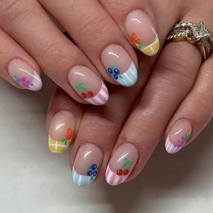 Summer Fruit Press On Nails Oval Shape, Colorful Striped Fake Nails with Cute Cherry Grape Orange Blueberry Designs, Glossy Gel Finish Acrylic Reusable Glue On Nails for Women, 24 Pcs