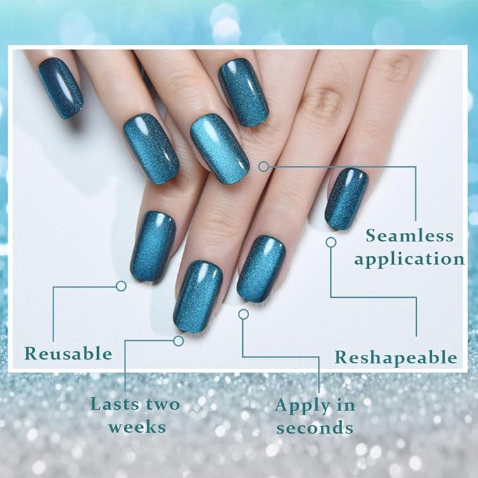 Teal Green Cat Eye Press on Nails Medium Square, Medium Square Press Glue on Nails Chrome for Women Gift, Green Holographic Glitter Glossy Reusable Soft Gel Acrylic Fake Nail with Design Cateye Effect