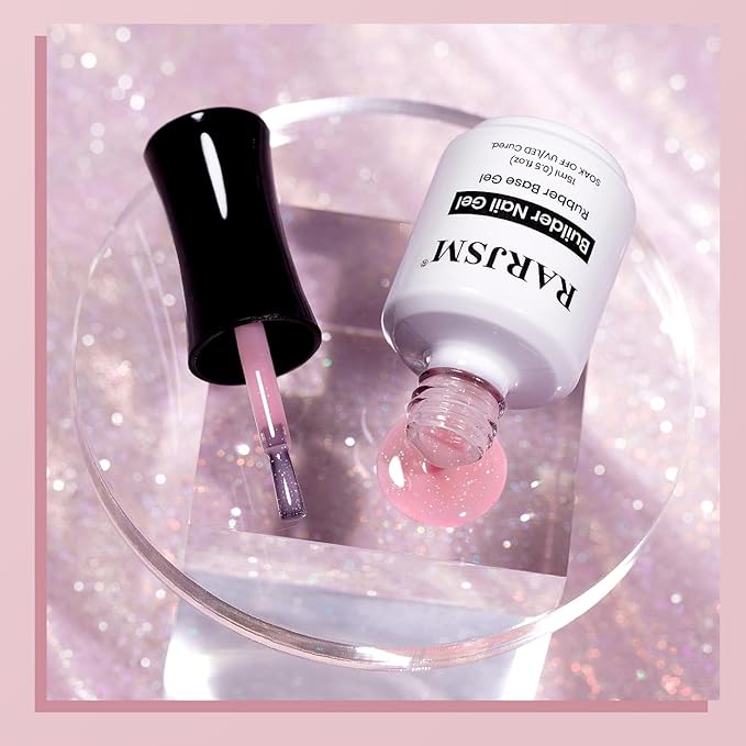 RARJSM Rainbow Glitter Rubber Base Gel Nail Polish Nude Light Pink Rubber Base Iridescent Shimmer Brush on Quick Extend Builder Hard Gel Soak Off Curing Requires 15ml Salon Home French Manicure