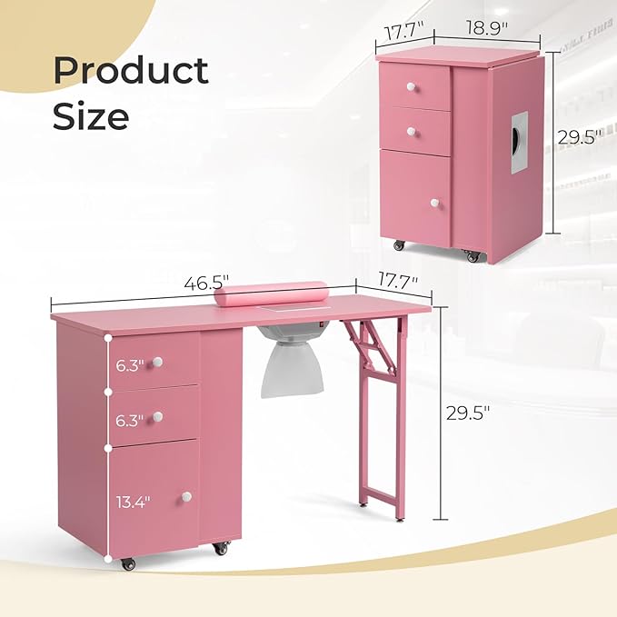 Winado Foldable Manicure Table for Nail Tech, Nail Desk Station Makeup Beauty Salon Storage Acetone Resistant w/Electric Dust Collector, Lockable Wheels, Wrist Cushion, Drawers & Cabinet, Pink
