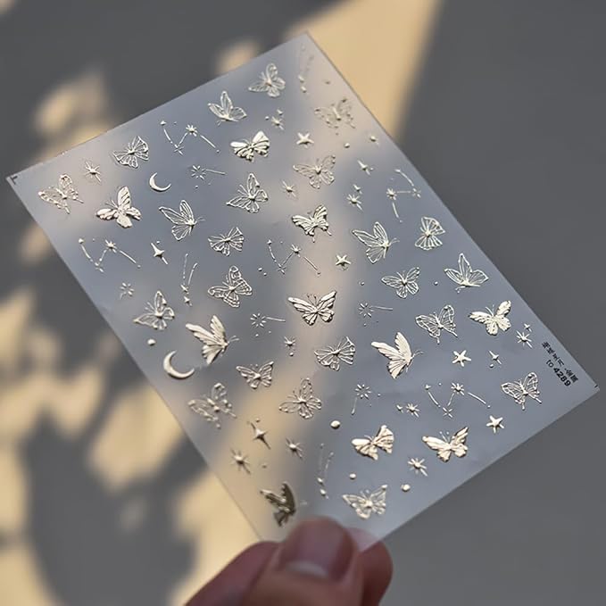 1 Sheets Golden Hot Stamping Butterflies Nail Art Stickers, 5D Self-Adhesive with Stars and Moon Nail Decals for Women, Gold Butterfly Design Spring Nail Stickers for DIY Nail Supplies Decoration
