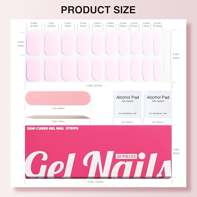 Semi Cured Gel Nail Strips, 20 PCS Nail Stickers, UV Light Cured, Salon Quality, Easy to Use - Translucent Pink