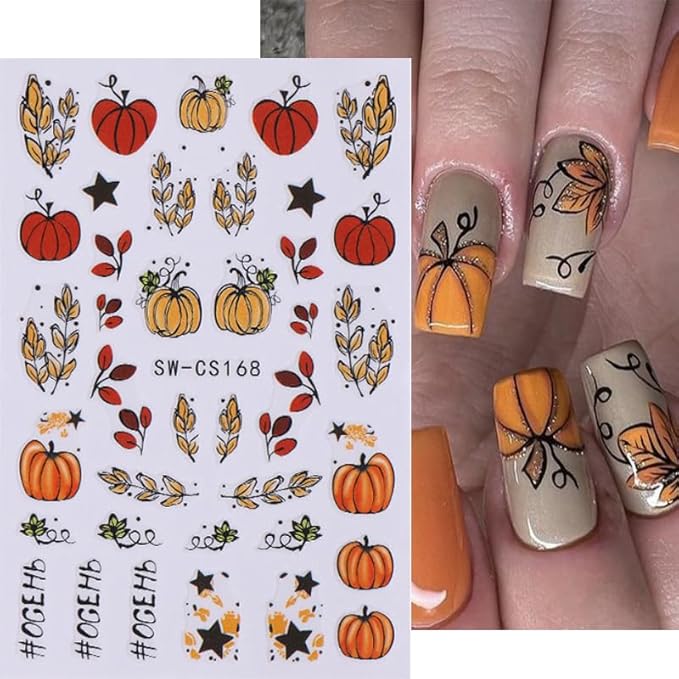 8 Sheets Fall Nail Art Stickers 3D Self-Adhesive Autumn Nail Stickers Maple Leaf Pumpkin Designs Sticker Nail Art Supplies Thanksgiving Nail Decals for Women Girls Acrylic DIY Manicure Decorations