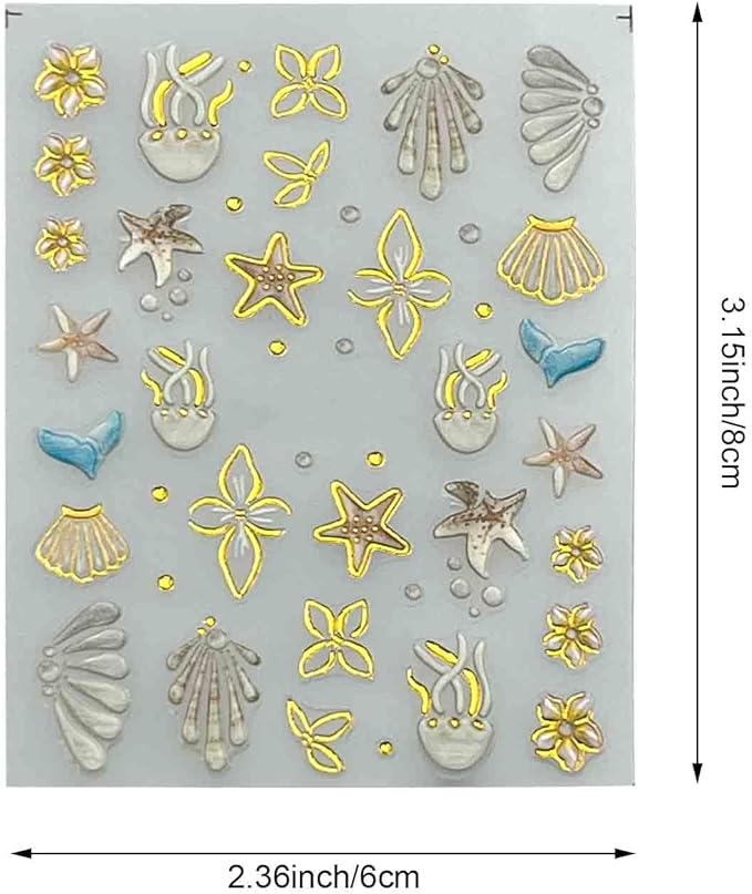 3D Beach Theme Nail Art Stickers, Starfish and Seashell Design, Gold Accents, 4 Sheets