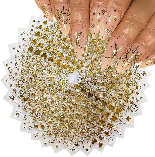 30 Sheets Gold Nail Stickers Star Nail Art Stickers 3D Embossed Self Adhesive Nail Decals Moon Letter Bow Nails Design Summer Nail Art Decals for Women Manicure DIY Decoration