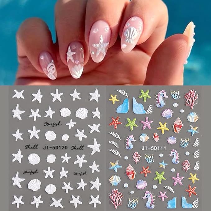 Ocean Life 5D Embossed Nail Art Stickers Decals, 5 Sheets Starfish Seashell Jellyfish Hibiscus Flowers Self Adhesive Nail Decals Summer Sea Theme Nail Supplies for Women Girls DIY Manicure Decor