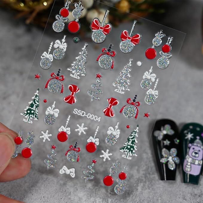 6Pcs Christmas Nail Stickers 5D Golden Silver Nail Decals DIY Self Adhesive Snowflake Tree Red Bow Design Nail Decoration Winter Nail Art Stickers Supplies Holiday Manicure Accessories for Women