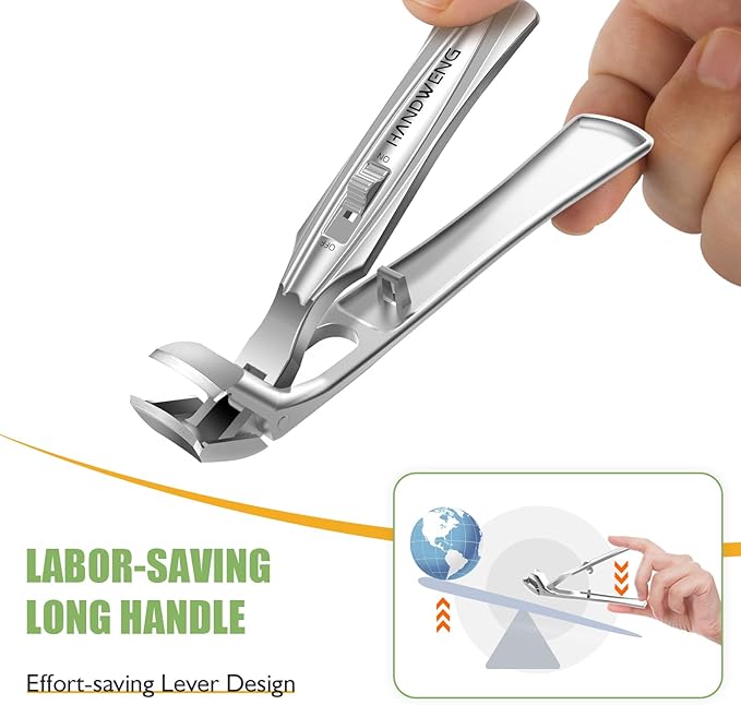 Toenail Clippers for Seniors Thick Toenails, Angled Head Large Toe Nail Clippers for Men with Wide Jaw Opening, Sharp Heavy Duty Fingernail Clipper Cutter with Catcher Long Handle - Silver