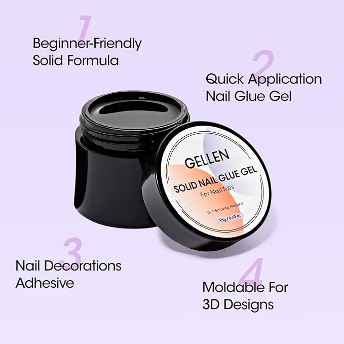 Gellen Solid Nail Glue Gel for False Nail Tips, Solid Gel Nail Glue for Press On Nails Strong for Acrylic Nails Home Salon Nail Art, UV LED Light Curing Needed - 15g