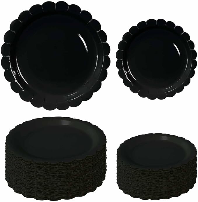 50 Pcs Black Scalloped Paper Plates 25 × 7'' and 25 × 9'' Disposable Black by FALIZIFU