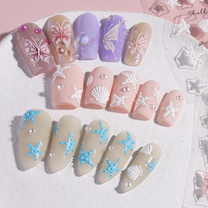Summer Ocean Nail Stickers, Starfish & Sea Horse Nail Decals, 4 Sheets 5D Embossed Vacation Nail Art