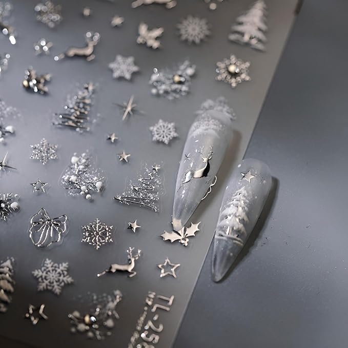 Christmas Nail Art Stickers Silvery Nail Stickers Snowflake Xmas Tree Nail Decals Star Elk with Rhinestones Design 5D Embossed Nail Art Supplies for Winter Holiday Manicure Decorations