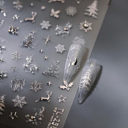Christmas Nail Art Stickers Silvery Nail Stickers Snowflake Xmas Tree Nail Decals Star Elk with Rhinestones Design 5D Embossed Nail Art Supplies for Winter Holiday Manicure Decorations