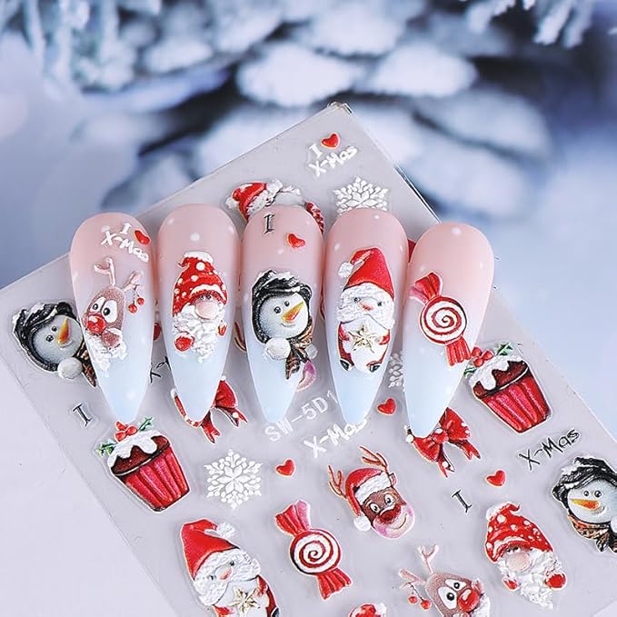 Christmas Nail Stickers 5D Embossed Christmas Tree Nail Art Stickers Winter Santa Claus Nail Decals Self Adhesive Xmas Nail Design Sticker Cute Nails Decoration for Women Manicure Accessories 2Pcs