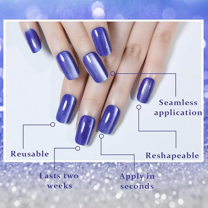 Blue Cat Eye Press on Nails Medium Square, Medium Square Press Glue on Nails Chrome for Women Gift, Blue Holographic Glitter Glossy Reusable Soft Gel Acrylic Fake Nail with Designs Cateye Effect