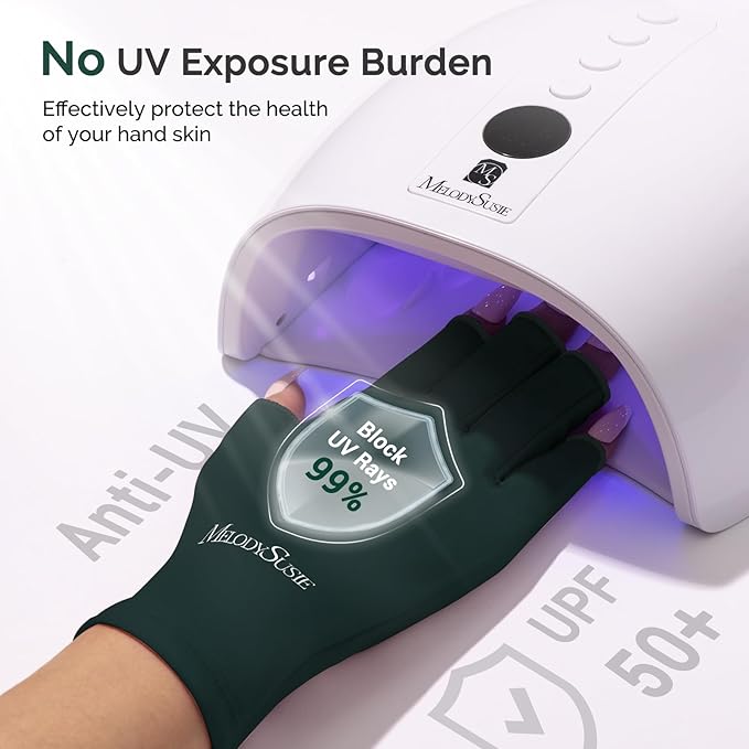 MelodySusie Premium UV Protection Gloves for Manicures, Cool Feeling Fabric,Professional UPF50+, UV Nail Gloves for Gel Nail Lamp, Anti UV Light, Skin Care Fingerless Design, Deep Green