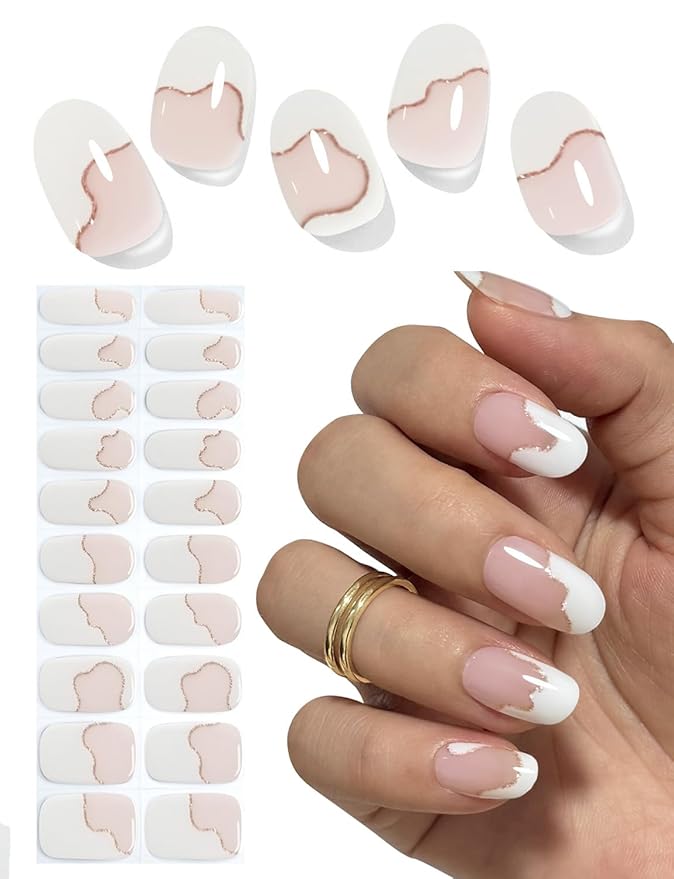 Semi Cured Gel Nail Strips,Irregular French, Glitter Lines 20pcs Gel Nails Sticker UV for Home Nails DIY