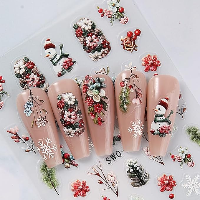 2 Sheets 5D Christmas Embossed Nail Art Stickers Snowflakes Nail Decals Cute Snow Trees Bells Winter Design Self-Adhesive Pegatinas Uñas Xmas Nail Stickers Santa Claus Nail Decals for Women Manicure