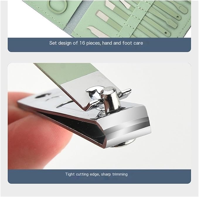 16-Piece Nail Clipper Set Stainless Steel Nail Clippers Tool kit Home Manicure Nail Art Dead Skin Removal Tool(Green)
