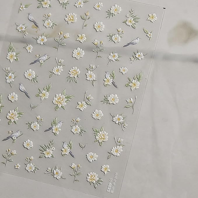 1 Sheet Flower Nail Decal with Leaf Design, Yellow White Gradient Floral Nail Art Stickers, 5D Embossed Self-Adhesive Nail Stickers for Women DIY Spring Summer Flower Manicure Art Supplies