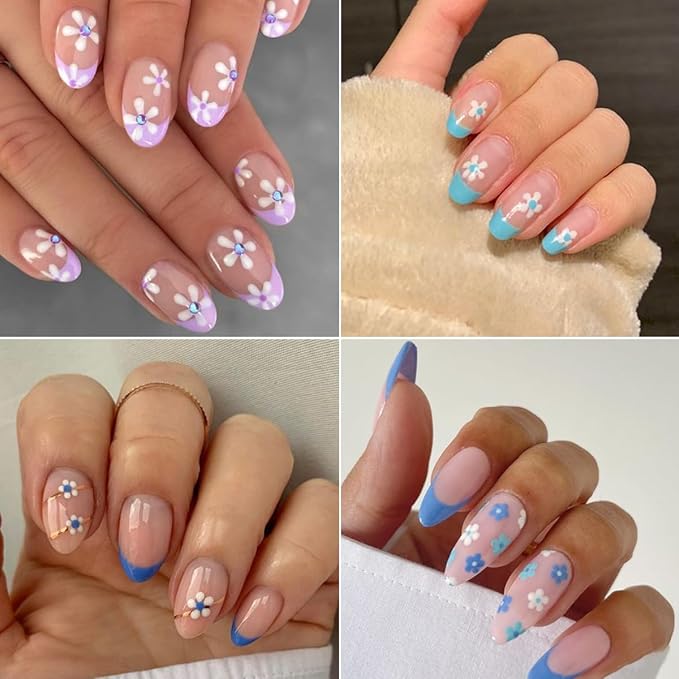 30Sheets Flower Nail Stickers 3D Self-Adhesive White with Blue Rhinestones Cherry Blossoms Daisy Nail Art Stickers Spring Summer Flowers Nail Art Design Decals for Acrylic Nail Decoration Charms Tips