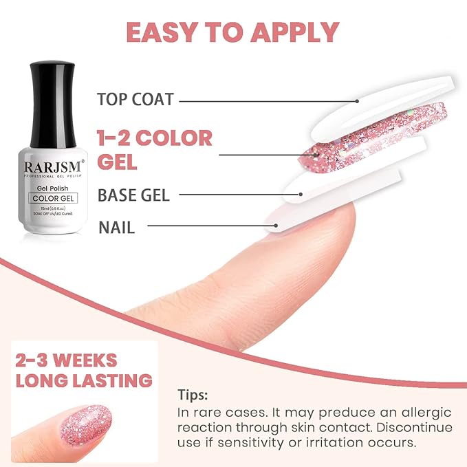 RARJSM Nude Pink Glitter Gel Nail Polish Chunky Iridescent Glitter Gelpolish 15ml Shimmer Holographic Rainbow Effect Soak off L e d U V Curing Required High Pigments for Home Manicure Nail Art
