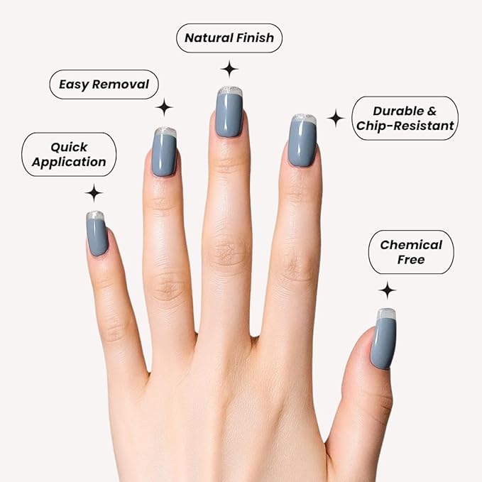 Perfect Look Press On Nails - Crystal Fog | No Glue One-Day Medium Square Nails, Light Grey Nails with Clear Glitter Tips - 24 Pcs Nail Kit with Adhesive Tabs